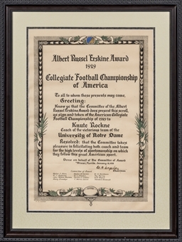 1929 Knute Rockne Albert Russel Erskine Award In Framed Display From The 1995 Rockne Family Estate Auction